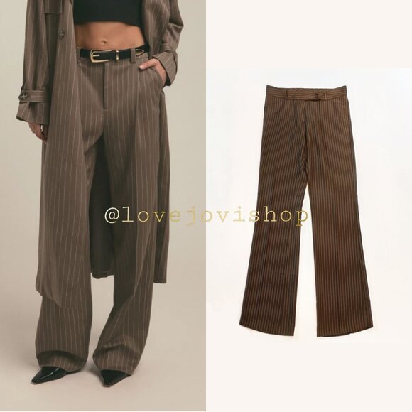Bogari Silk Blend Pinstripe Pants | Power Fit | Tailored Brown Luxe Work Trouser - Picture 1 of 8